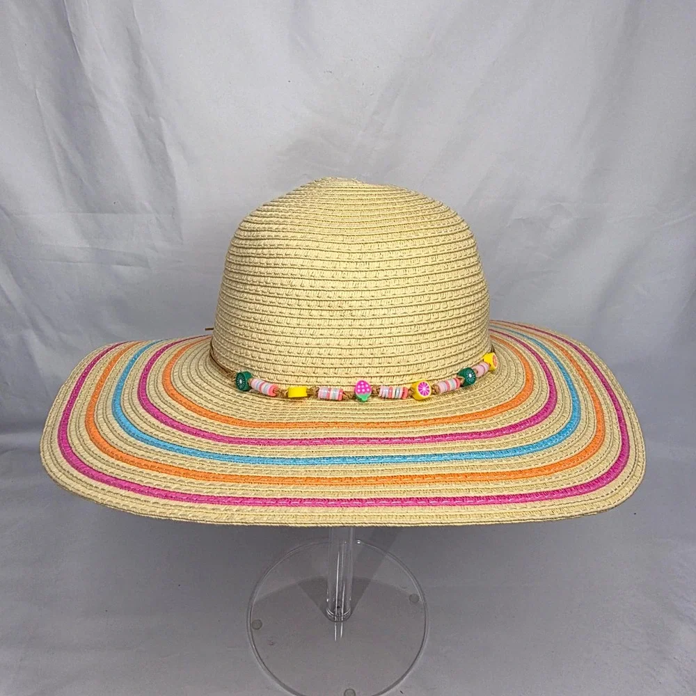 Target Straw Sun Hat Kids OS Tan Rainbow Stripe Fruit Bead Floppy Beach Boho